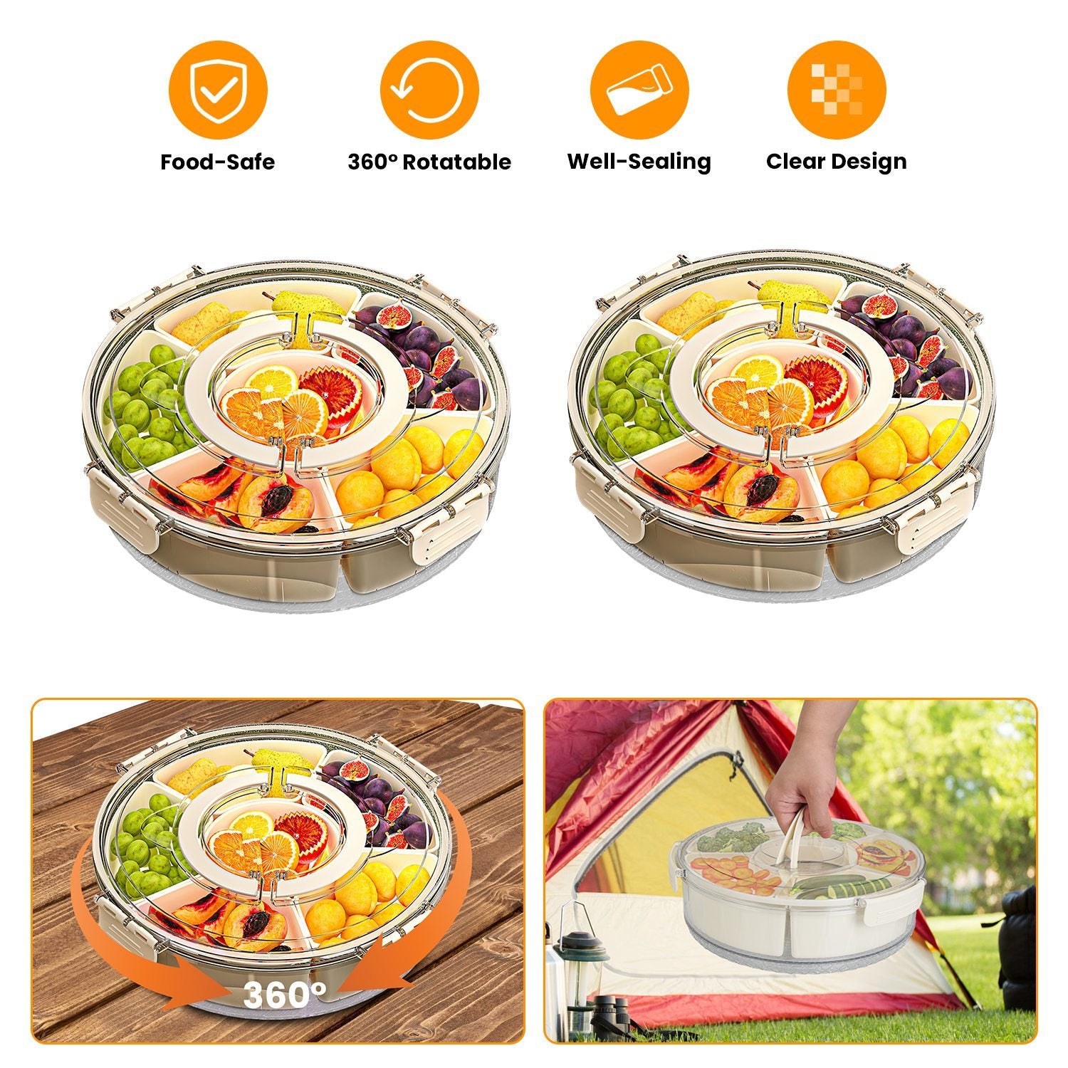 2Pcs Divided Serving Tray With Lid And Handle