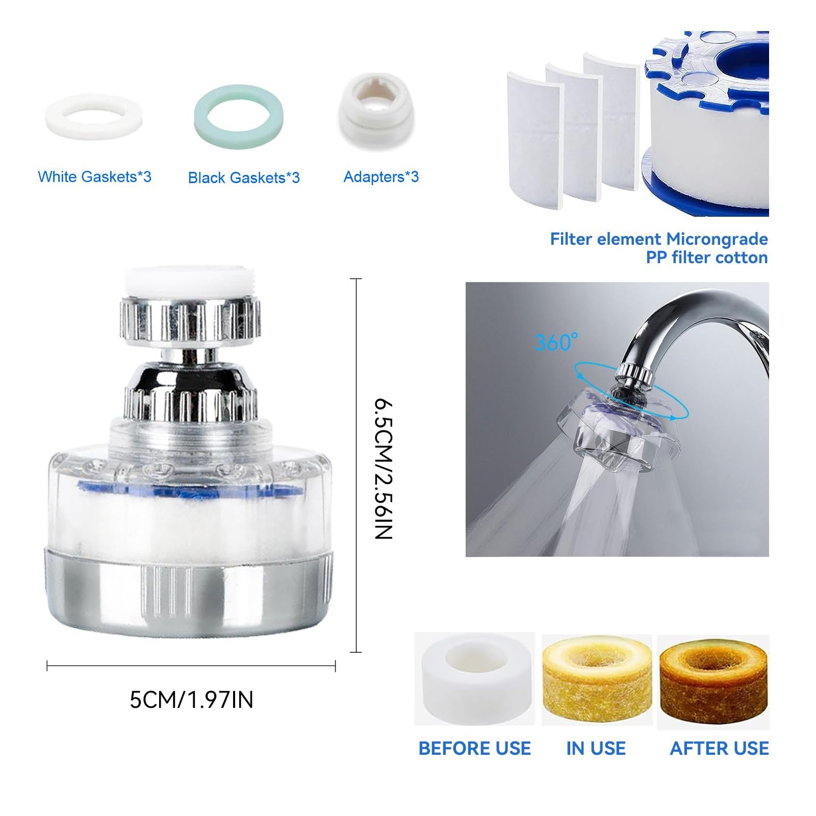 3Pack Universal 360 Degrees  Rotating Faucet Water Filter Kit With 6 Replacement Filter For Kitchen & Bathroom Sink